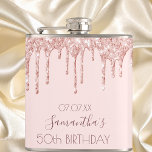 Birthday party rose gold glitter drip pink friends hip flask<br><div class="desc">A gift for a girly and glamourous 50th (or any age) birthday party. A light rose gold, pink background with elegant faux rose gold glitter drips, paint drip look. The text: The name is written in dark rose gold with a large modern hand lettered style script. Personalise and add a...</div>