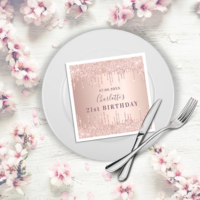 Birthday party rose gold glitter drips monogram napkin (Creator Uploaded)