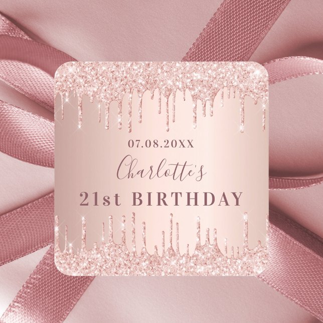 Birthday party rose gold glitter drips monogram square sticker (Creator Uploaded)