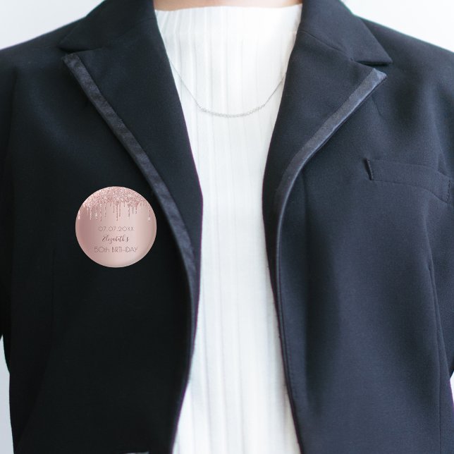 Birthday party rose gold glitter drips name 3 cm round badge (Creator Uploaded)