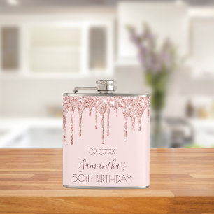 Birthday party rose gold glitter drips pink name hip flask
