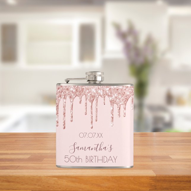 Birthday party rose gold glitter drips pink name hip flask (Creator Uploaded)