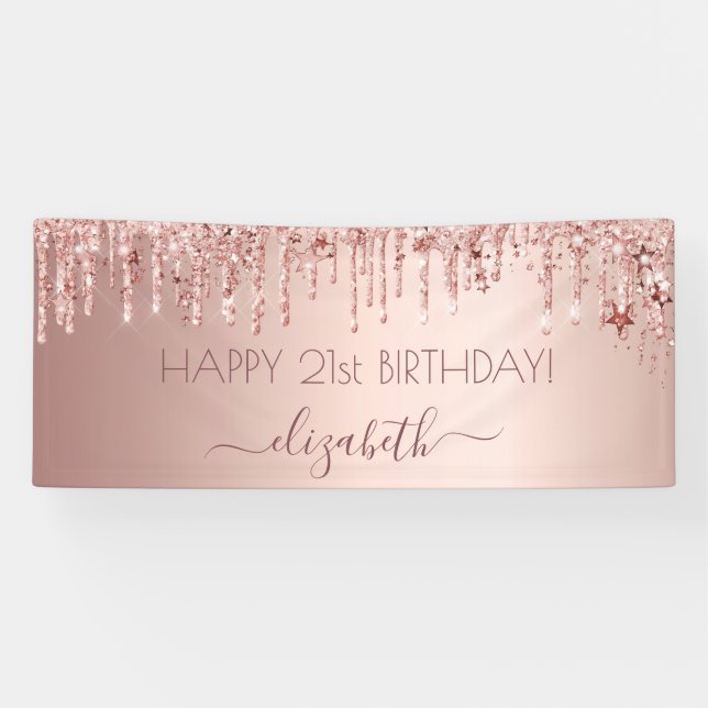 Birthday party rose gold glitter drips pink stars banner (Horizontal)