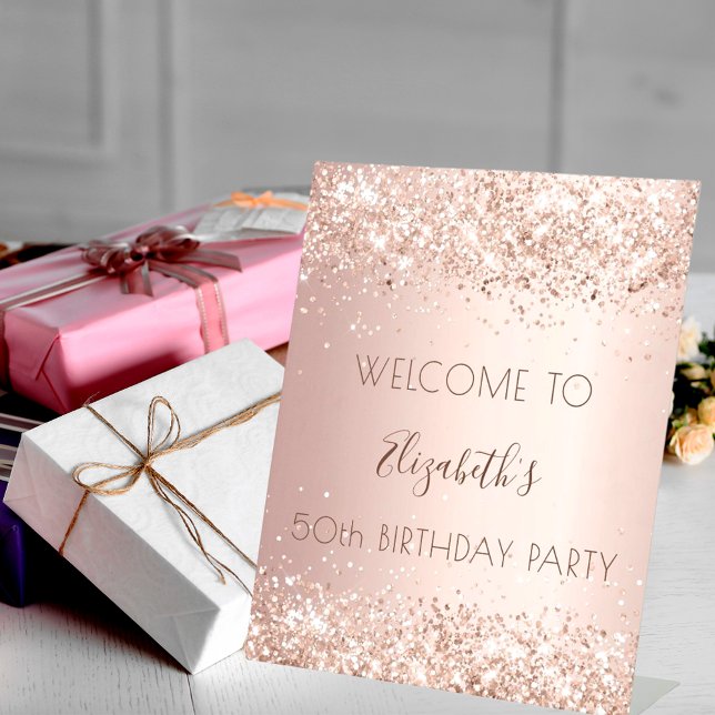 Birthday party rose gold glitter dust welcome pedestal sign (Creator Uploaded)