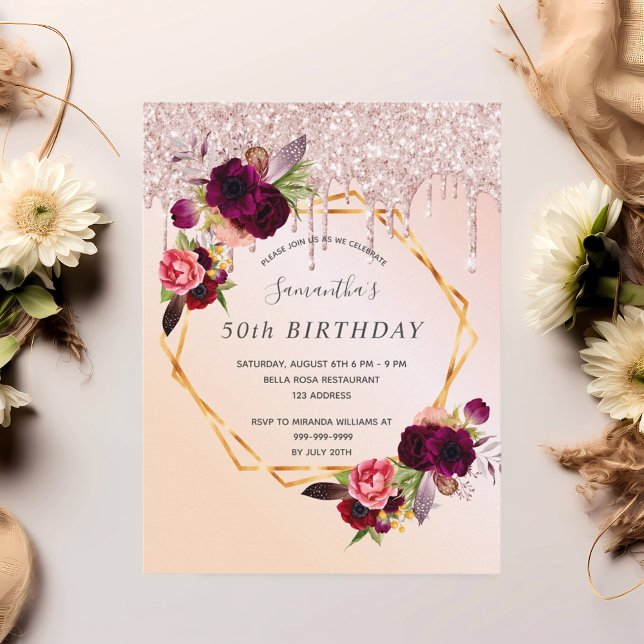 Birthday party rose gold glitter floral invitation postcard (Creator Uploaded)