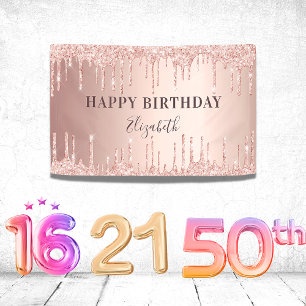 Birthday party rose gold glitter monogram luxury banner