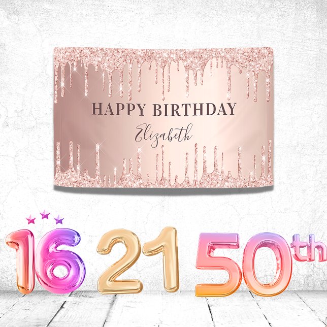 Birthday party rose gold glitter monogram luxury  banner (Creator Uploaded)