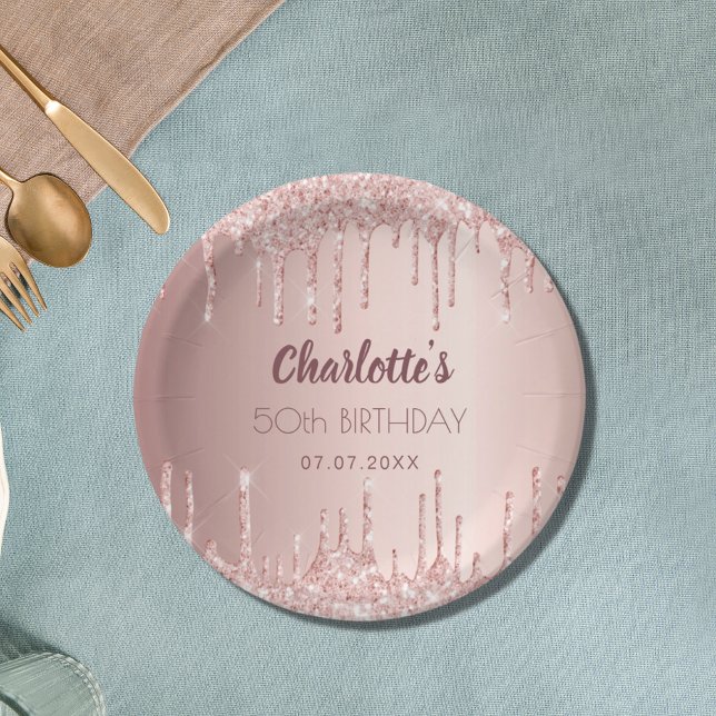 Birthday party rose gold glitter monogram luxury paper plate (Creator Uploaded)