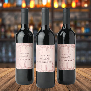 Birthday party rose gold glitter monogram luxury wine label
