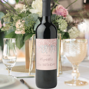 Birthday party rose gold glitter pink sparkle name wine label