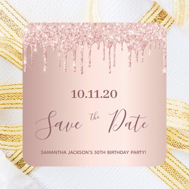 Birthday Party rose gold glitter save the date Square Sticker (Creator Uploaded)