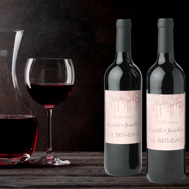 Birthday party rose gold glitter two 2 persons wine label (Creator Uploaded)