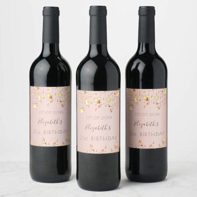 Birthday party rose gold golden stars 21 years wine label (Bottles)