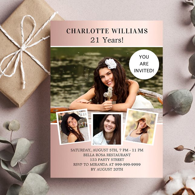Birthday party rose gold photo collage luxury invitation (Creator Uploaded)