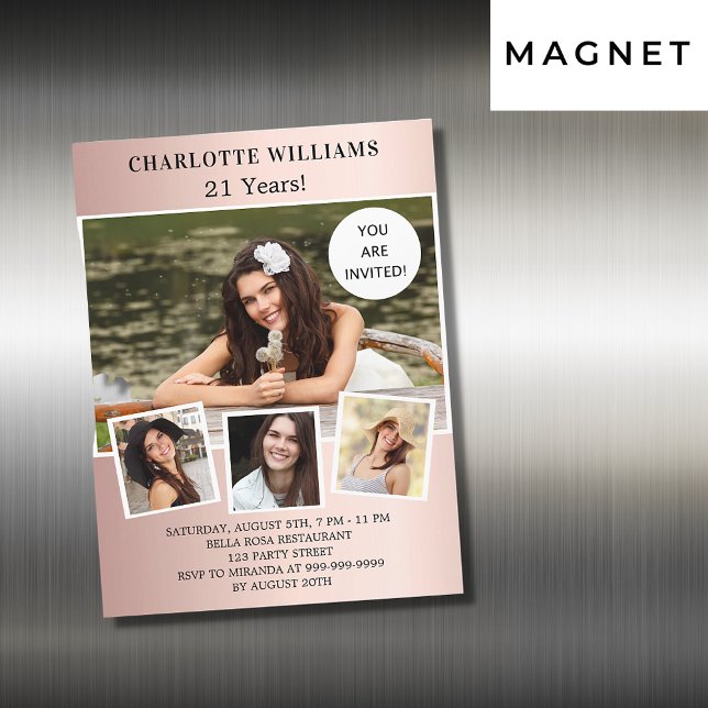 Birthday party rose gold photo collage luxury magnetic invitation (Creator Uploaded)