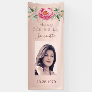 Birthday party rose gold photo glitter floral banner