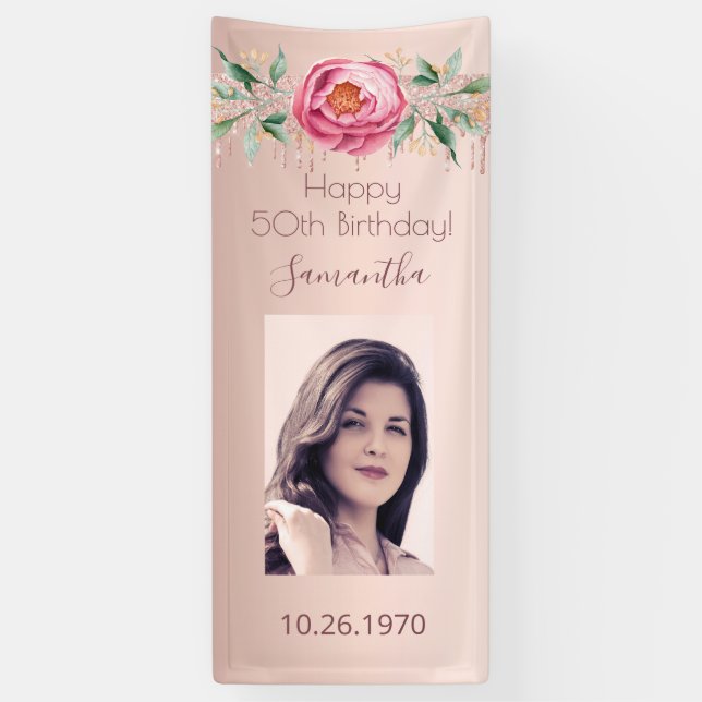 Birthday party rose gold photo glitter floral banner (Vertical)