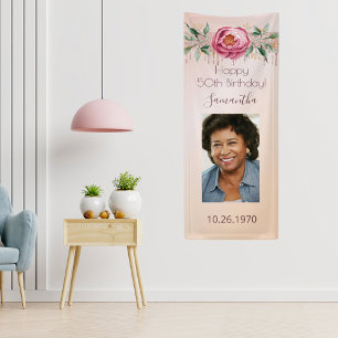Birthday party rose gold photo glitter floral banner