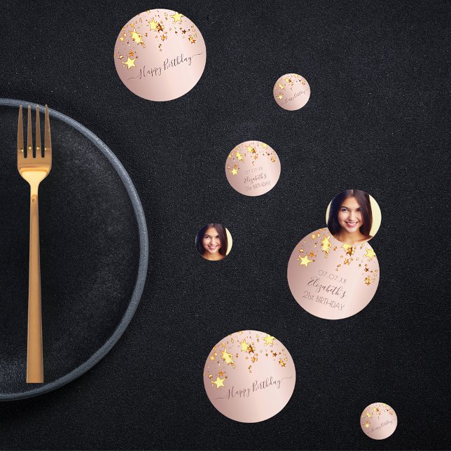 Birthday party rose gold photo golden stars pink confetti (Creator Uploaded)