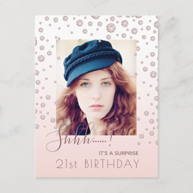 Birthday Party rose gold photo surprise invitation Postcard (Front)