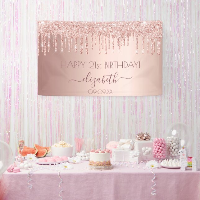 Birthday party rose gold pink drips banner (Party)