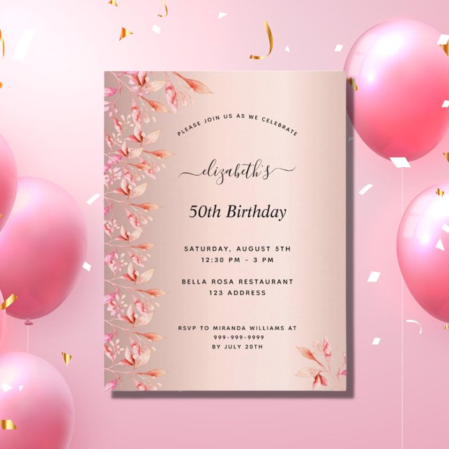 Birthday party rose gold pink floral invitation postcard (Creator Uploaded)