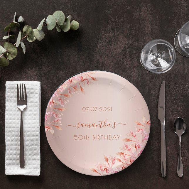 Birthday party rose gold pink florals botanical paper plate (Creator Uploaded)