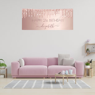 Birthday party rose gold pink glitter drips banner