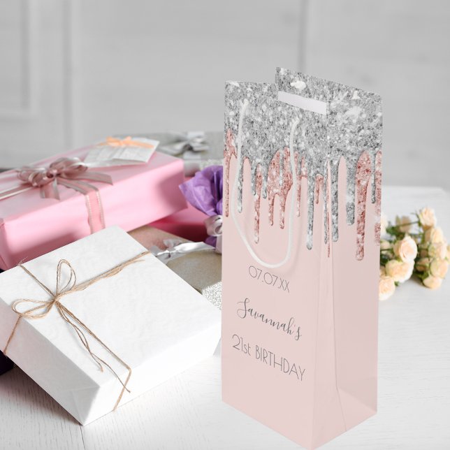 Birthday party rose gold pink glitter silver wine gift bag (Creator Uploaded)
