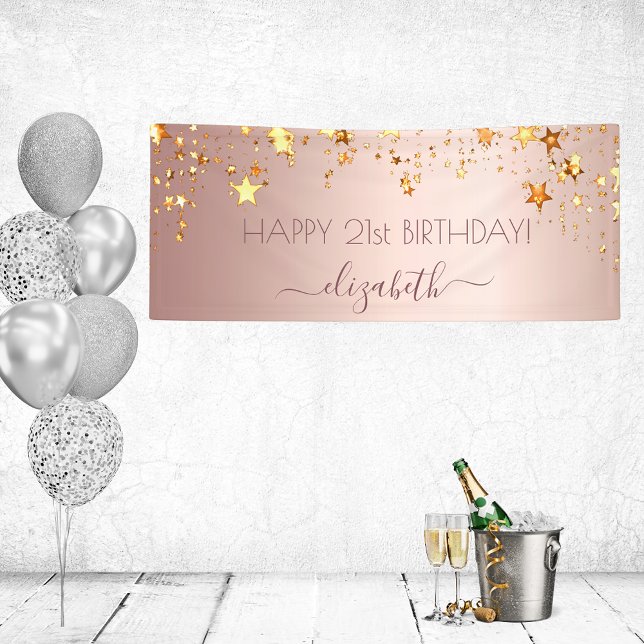 Birthday party rose gold pink golden stars name banner (Creator Uploaded)