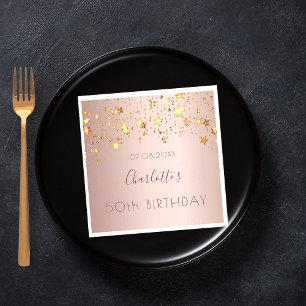 Birthday party rose gold pink golden stars name napkin