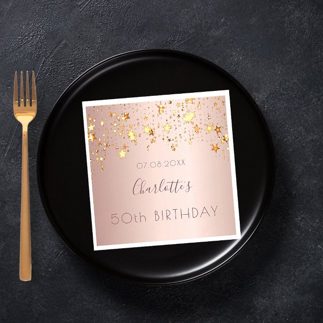 Birthday party rose gold pink golden stars name napkin (Creator Uploaded)