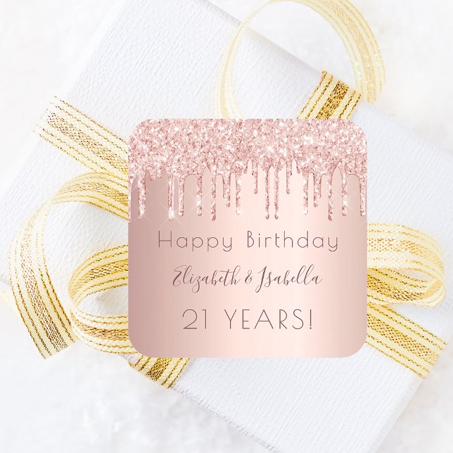 Birthday party rose gold pink two 2 persons square sticker (Creator Uploaded)