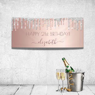 Birthday party rose gold silver sparkle banner