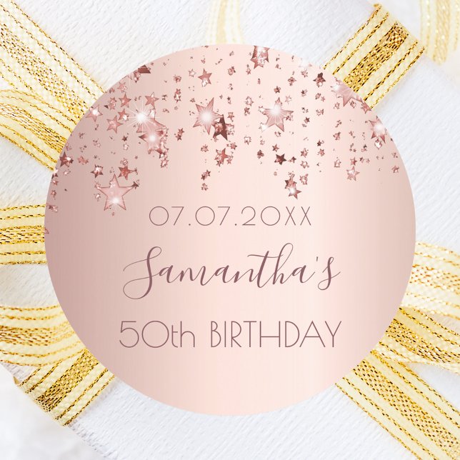 Birthday party rose gold stars classic round sticker (Creator Uploaded)