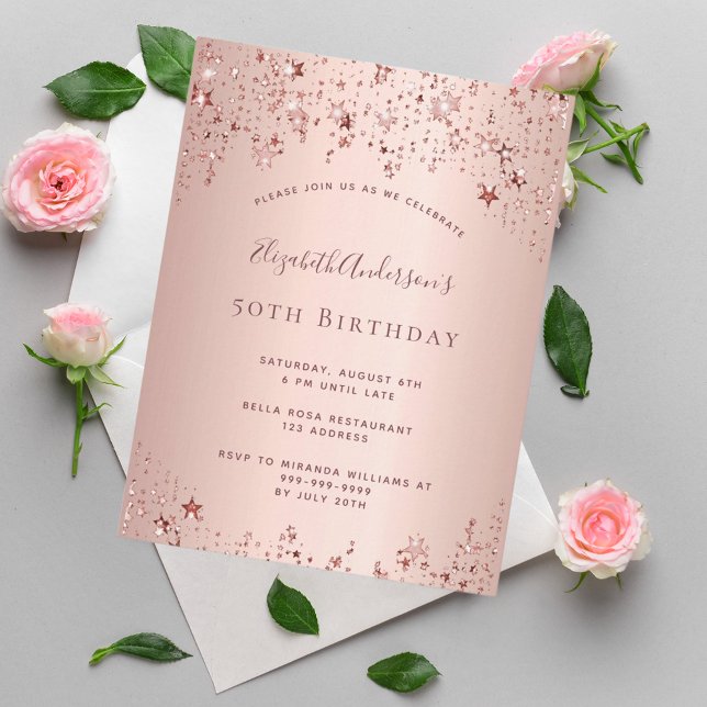 Birthday party rose gold stars glam invitation postcard (Creator Uploaded)