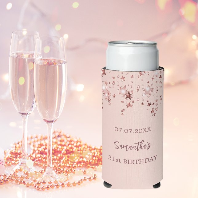 Birthday party rose gold stars name seltzer can cooler (Creator Uploaded)