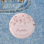 Birthday party rose gold stars saprkle monogram 6 cm round badge<br><div class="desc">Girly for a 21st (or any age) birthday party. A feminine light rose gold background decorated with rose gold coloured stars dripping. Personalise and add a date, name and age 21. Curved text and dark rose gold coloured letters. The name is written with a modern hand lettered style script. Perfect...</div>
