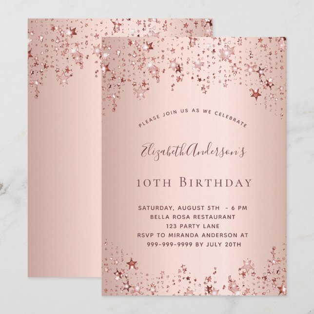 Birthday party rose gold stars sprinkle girly invitation (Front/Back)