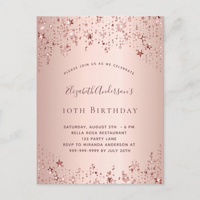 Birthday party rose gold stars sprinkle girly  invitation postcard (Front)