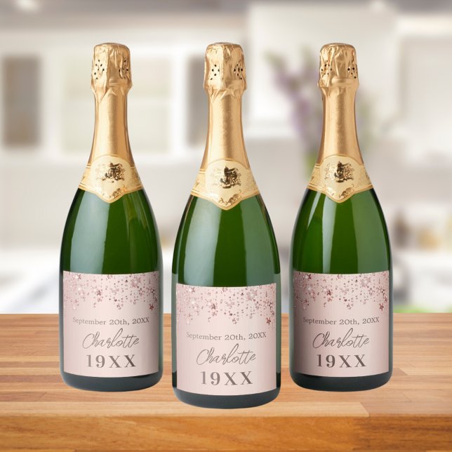 Birthday party rose gold stars year born sparkling wine label (Creator Uploaded)