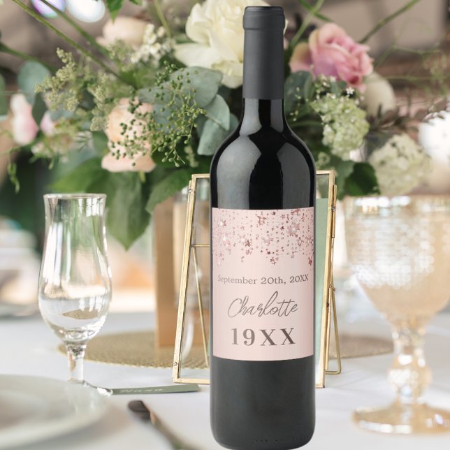 Birthday party rose gold stars year born wine label (Creator Uploaded)