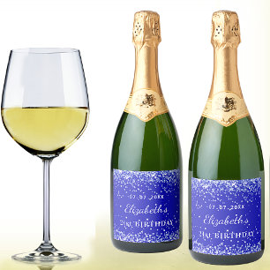Birthday party royal blue glitter dust name sparkling wine label