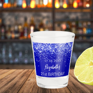 Birthday party royal blue glitter name shot glass