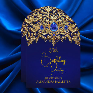 Birthday Party Royal Blue Gold Lace Diamonds Gems Invitation