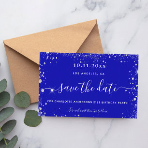 Birthday party royal blue silver save date card