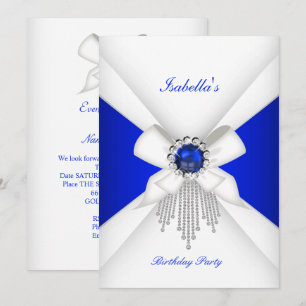Birthday Party Royal Blue White Diamond Pearl Invitation