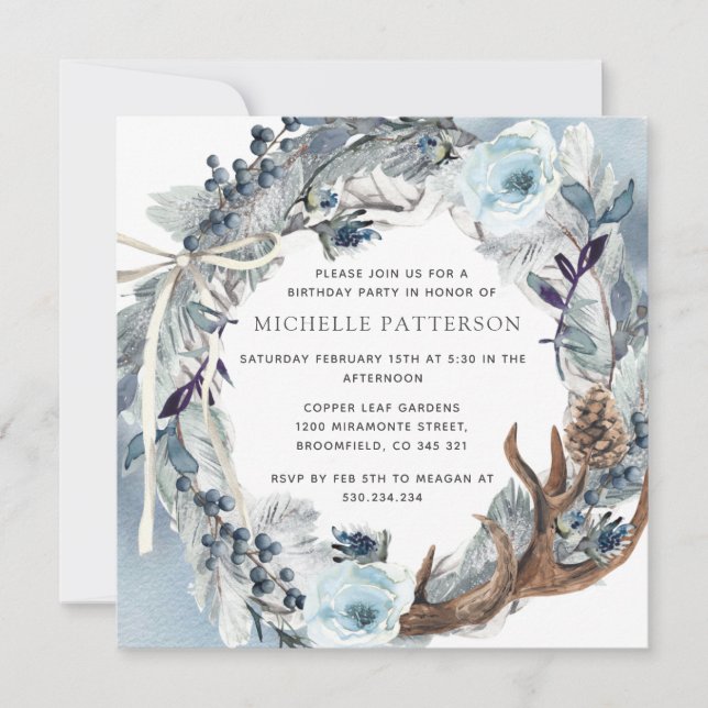 Birthday Party, Rustic Blue Floral Watercolor Invitation (Front)