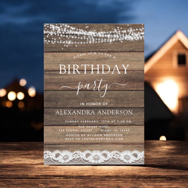 Birthday Party Rustic Farmhouse Lace Wood Invitation (Creator Uploaded)