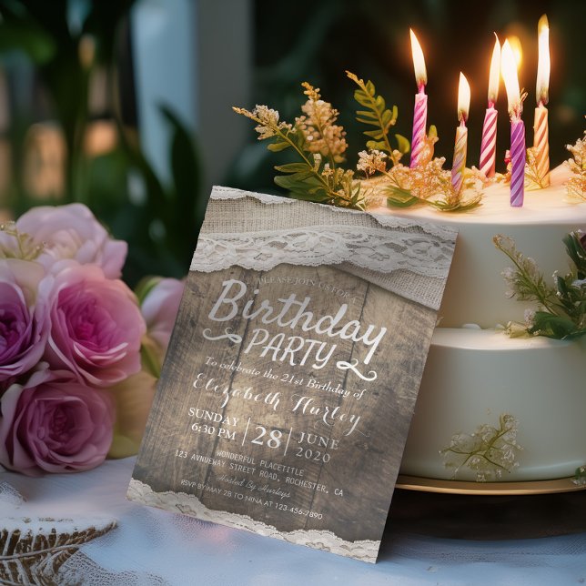 Birthday Party Rustic Lace Burlap Cloth Barn Wood Invitation (Creator Uploaded)